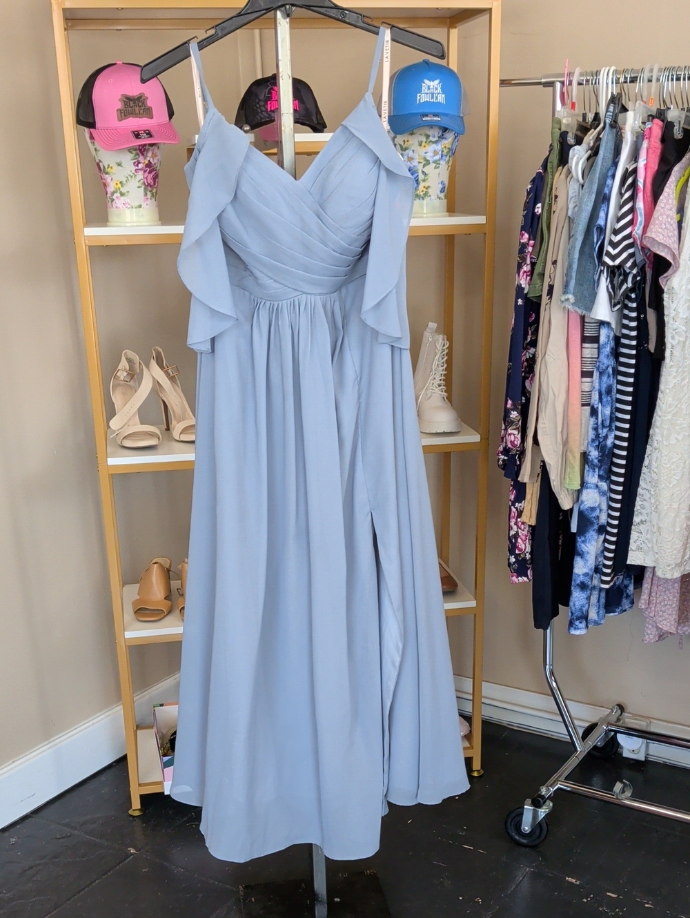 Light Blue Off-Shoulder Ruffle Maxi Dress